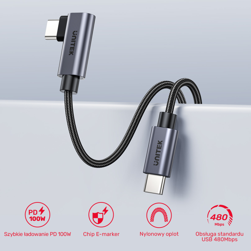 Unitek Kabel USB-C kątowy 90° PD100W 0,5m