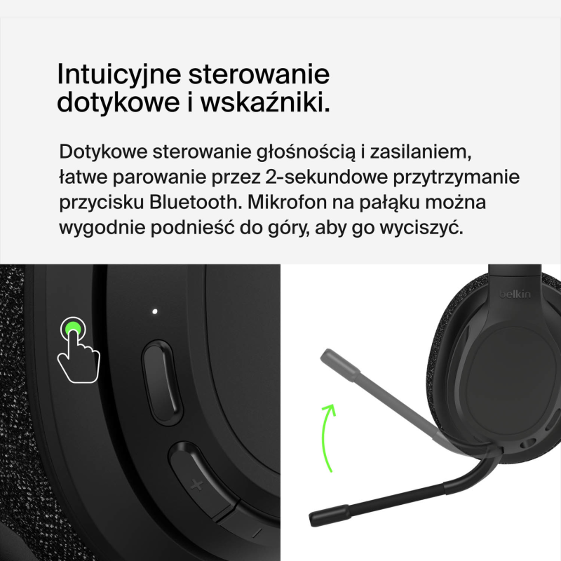Belkin Słuchawki nauszne, bezprzewodowe, z mikrofonem, czarne