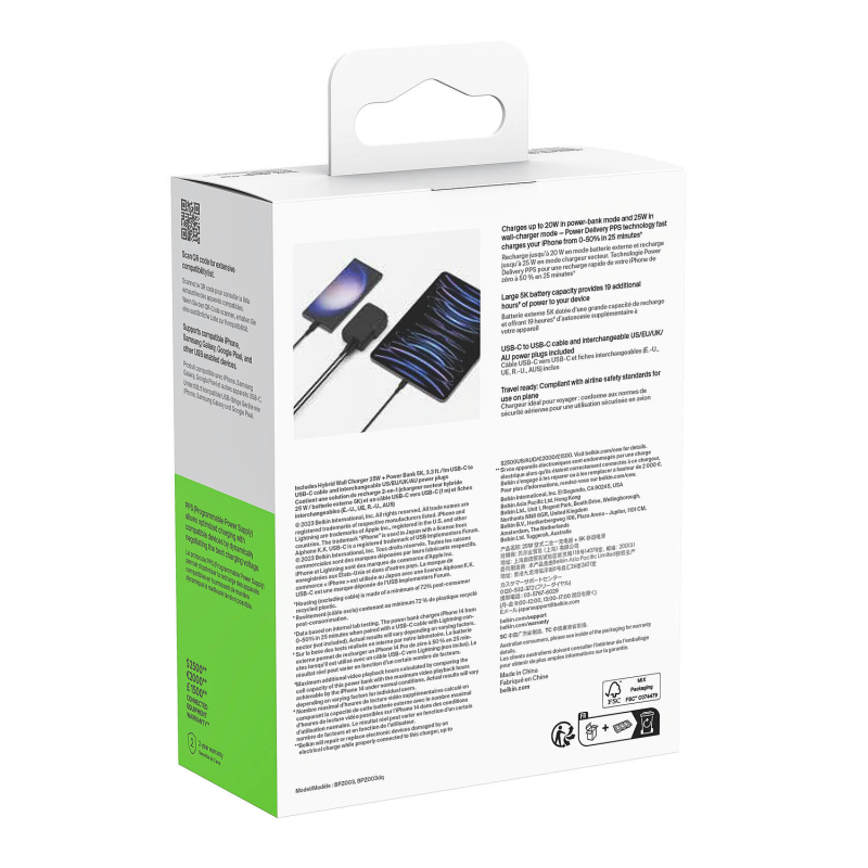 Belkin Ładowarka sieciowa 25 W 2w1, powerbank 5000 mAh, USB-A, USB-C