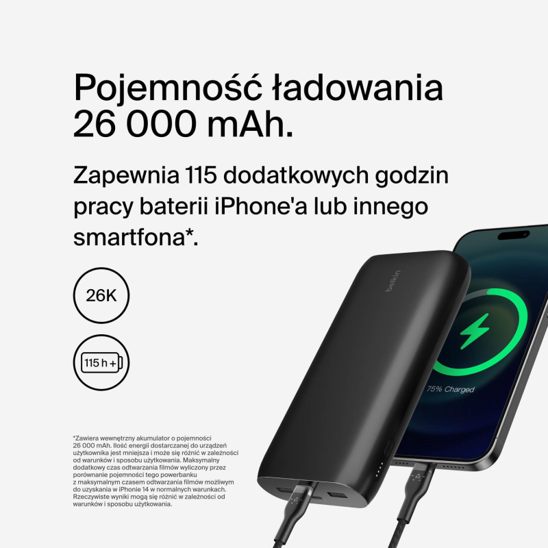 Belkin Powerbank 26 000 mAh, 2x USB-A, 2x USB-C PD 32W, czarny