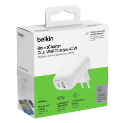 Belkin Ładowarka USB-C 30W, USB-A 12 W, 42W, kątowa, biała