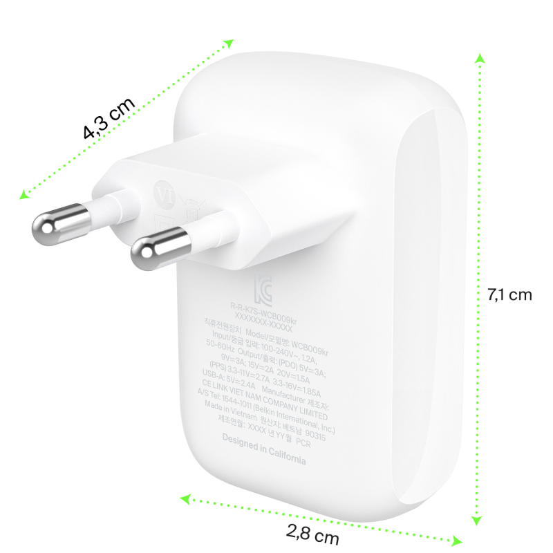 Belkin Ładowarka USB-C 30W, USB-A 12 W, 42W, kątowa, biała