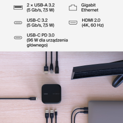 Belkin Stacja dokująca 6w1, GaN PD 130W, 2x USB-A, USB-C, HDMI 4K, RJ-45