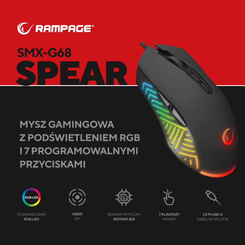 Rampage Mysz SPEAR V2 Full RGB 12800DPI 1kHz Makro | PartsPC.pl