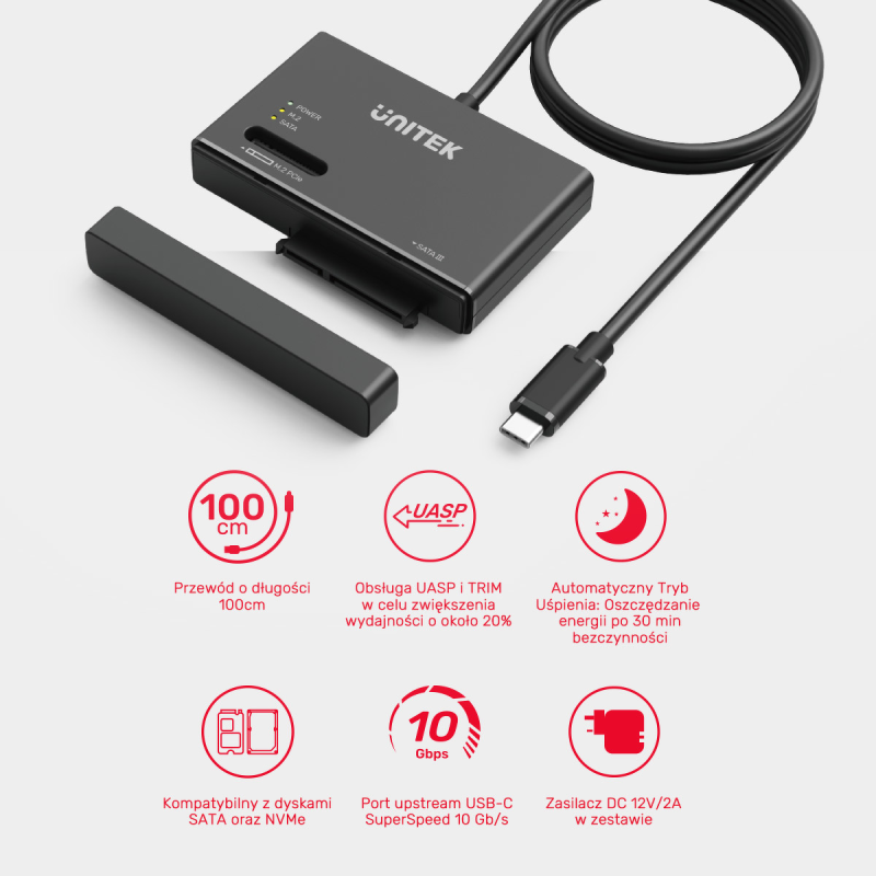 Unitek Mostek USB-C na dyski SATA i M.2 MVMe