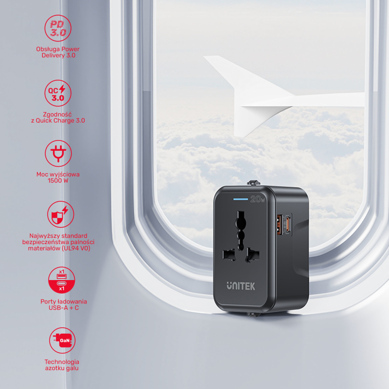 Unitek Ładowarka podróżna EU/US/UK/AUS PD 20 W