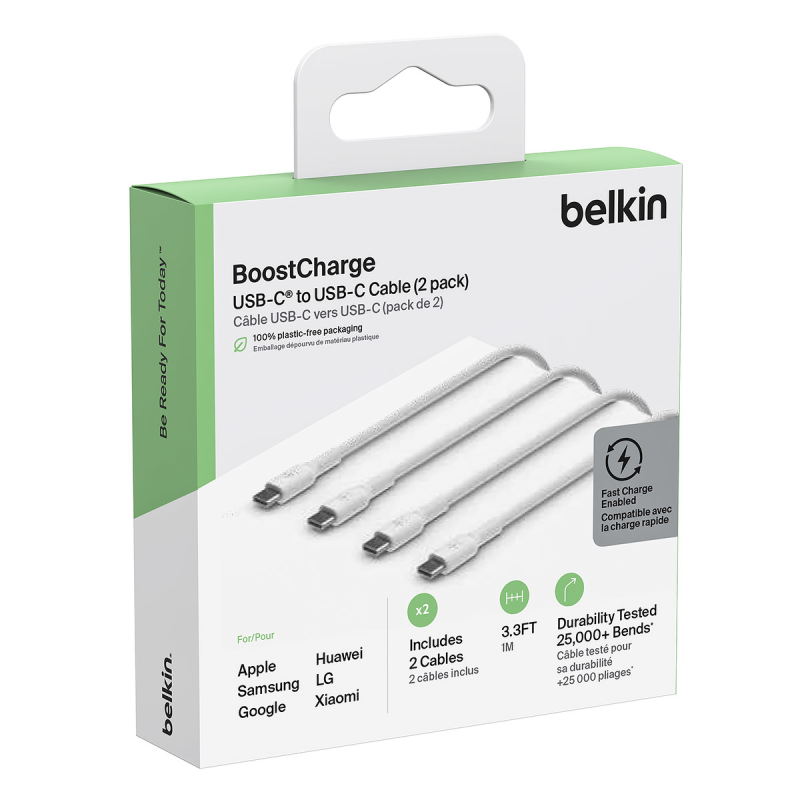 Belkin BoostCharge Kable USB-C na USB-C 60W, 1 m, biały, 2 sztuki