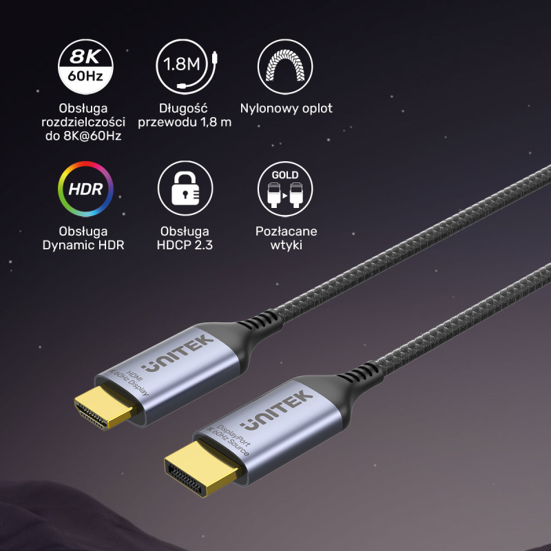 Unitek Kabel DisplayPort 1.4 do HDMI 2.1, 8K, 1,8m