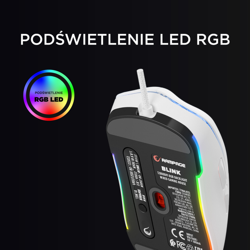 Rampage BLINK myszka gamingowa przewodowa USB, 12800 DPI, RGB, sensor optyczny, biała