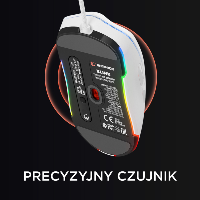 Rampage BLINK myszka gamingowa przewodowa USB, 12800 DPI, RGB, sensor optyczny, biała