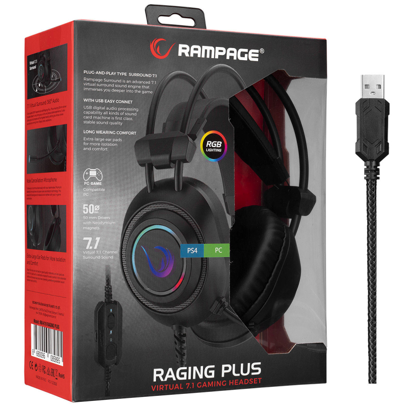 Rampage RM-K19 Plus Przewodowe słuchawki gamingowe z mikrofonem, nauszne, RGB, USB, czarne