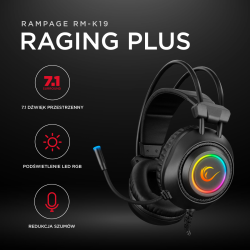 Rampage RM-K19 Plus Przewodowe słuchawki gamingowe z mikrofonem, nauszne, RGB, USB, czarne