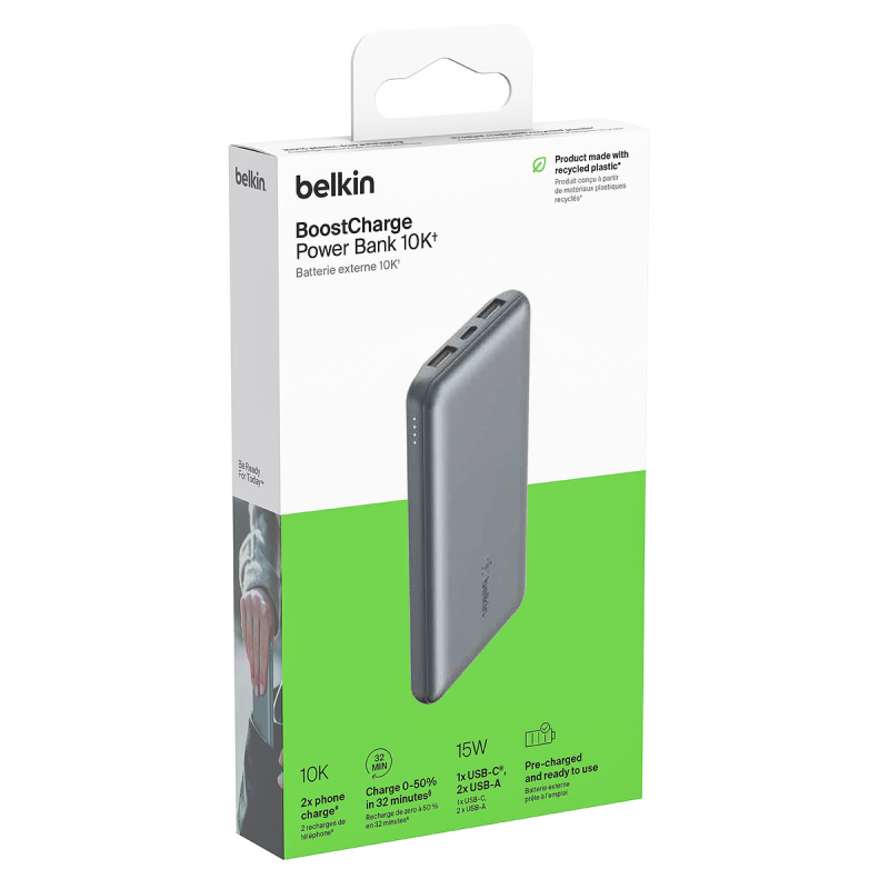 Belkin Powerbank 10 000 mAh, 2x USB-A, USB-C 15W, szary