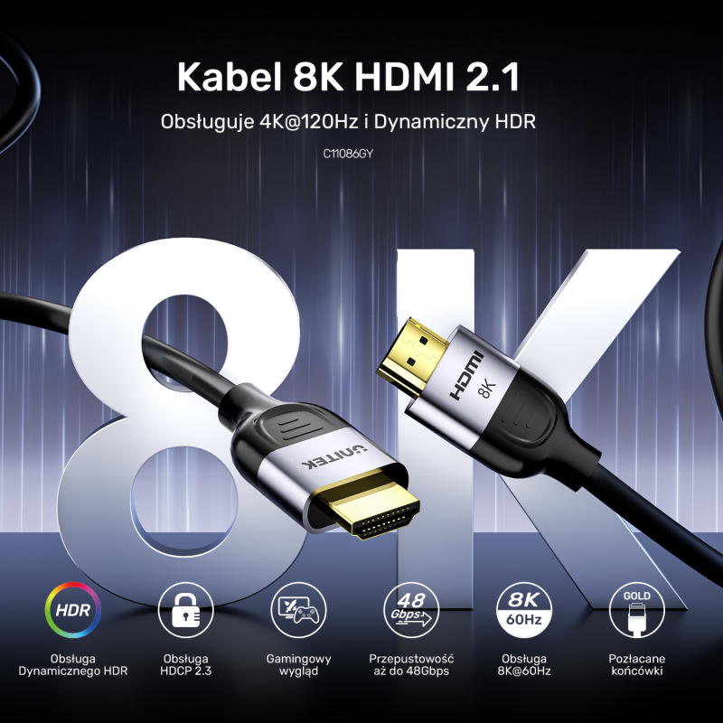 Unitek Kabel HDMI 2.1 8K 60Hz, czarny, 1m