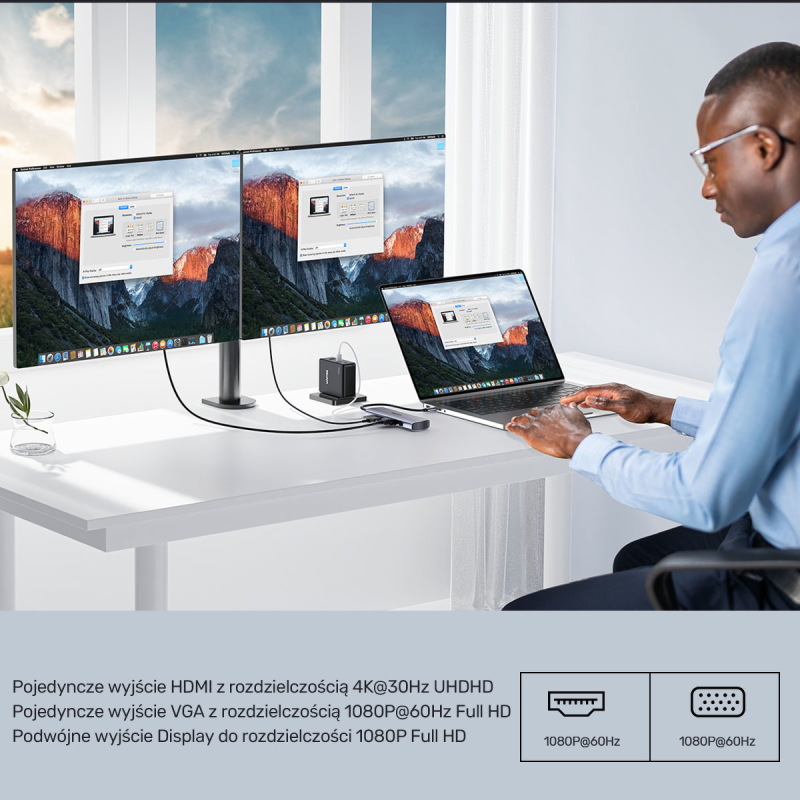 Unitek Hub 9w1 USB C Gigabit Ethernet HDMI VGA 3x USB A czytnik kart PD 100W