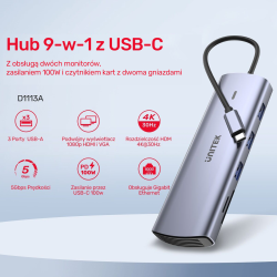 Unitek Hub 9w1 USB C Gigabit Ethernet HDMI VGA 3x USB A czytnik kart PD 100W
