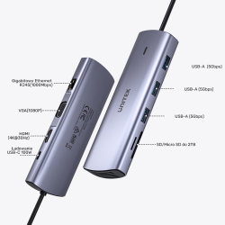 Unitek Hub 9w1 USB C Gigabit Ethernet HDMI VGA 3x USB A czytnik kart PD 100W