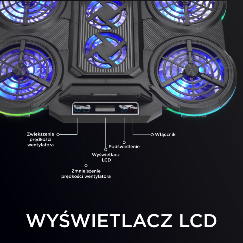Rampage PROTE R6 - Podstawka chłodząca pod laptop 10-17", RGB, regulowana