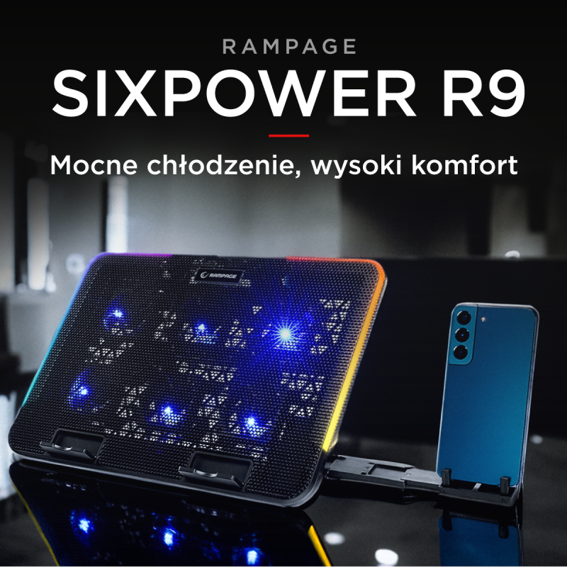 Rampage Sixpower R9 - Podstawka chłodząca pod laptop 15,6'', RGB, regulowana