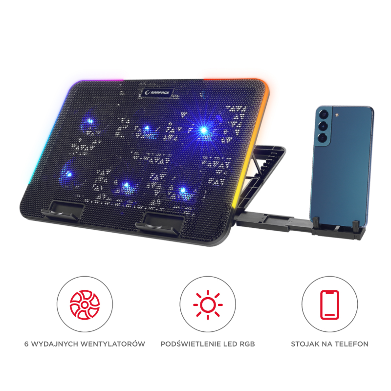 Rampage Sixpower R9 - Podstawka chłodząca pod laptop 15,6'', RGB, regulowana