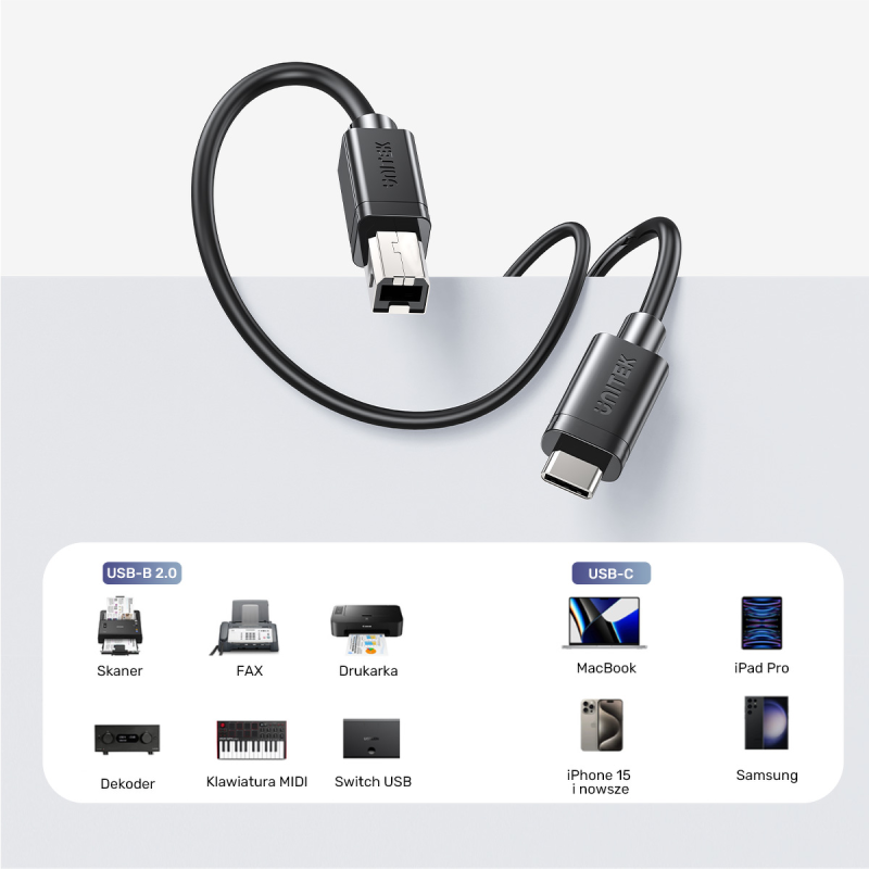 Unitek kabel do drukarki USB C na USB B 2.0 czarny 3m