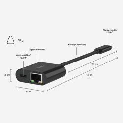 Belkin Adapter USB-C - Ethernet z funkcją ładowania PD 100W