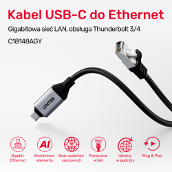 Unitek Kabel Ethernet USB C RJ-45 LAN, przewód sieciowy, 5m
