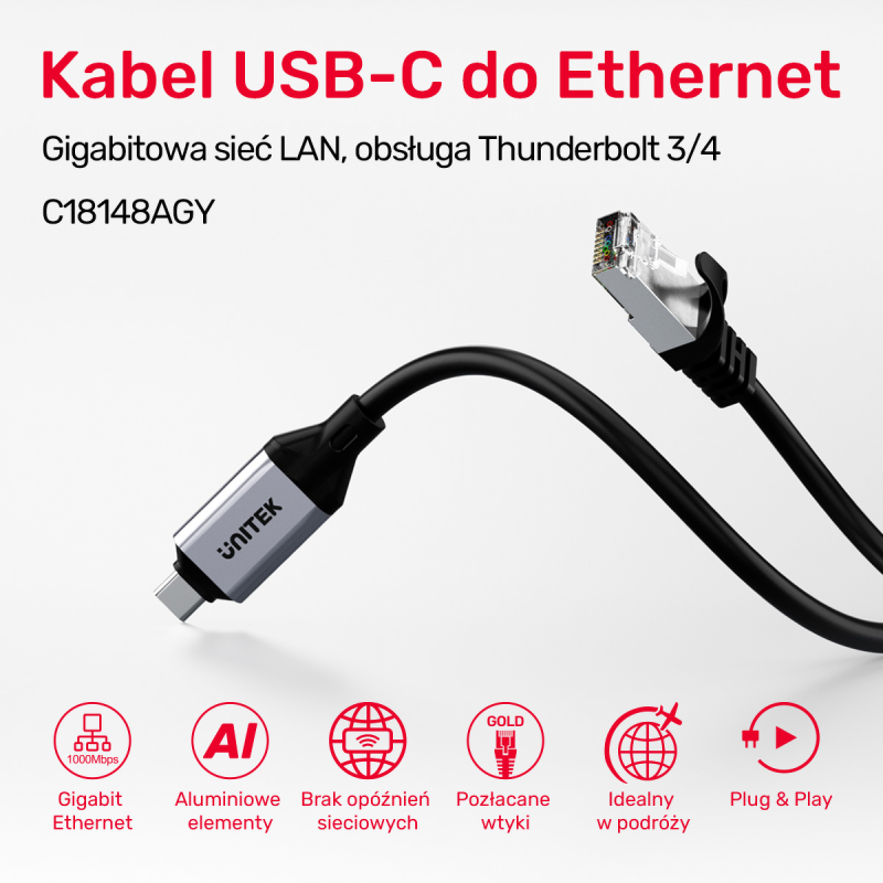 Unitek Kabel Ethernet USB C RJ-45 LAN, przewód sieciowy, 5m