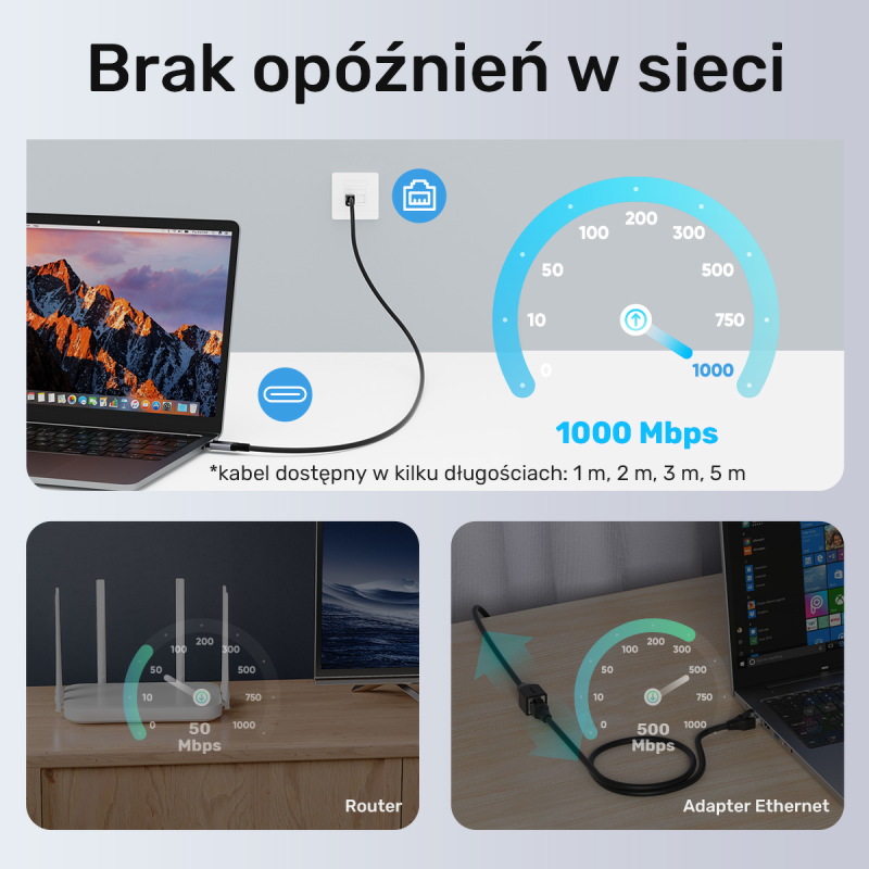 Unitek Kabel Ethernet USB C RJ-45 LAN, przewód sieciowy, 5m