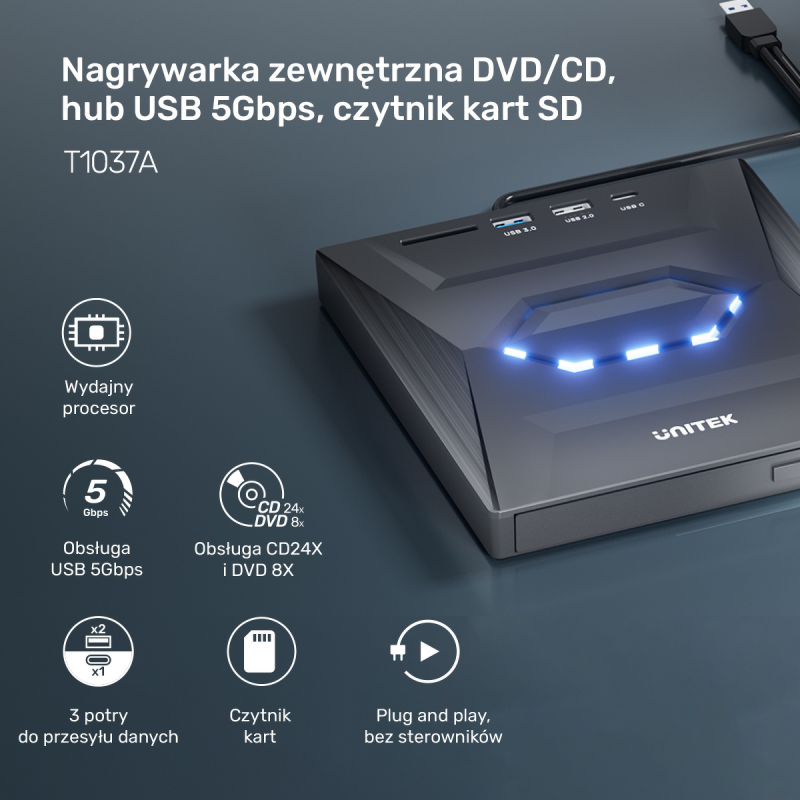 Unitek Nagrywarka zewnętrzna DVD/CD, Hub USB 5Gbps, czytnik kart SD