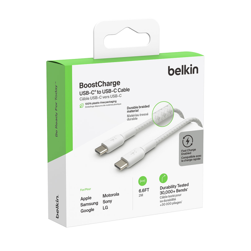 Belkin Kabel USB C na USB C 60W oplot, biały 2m