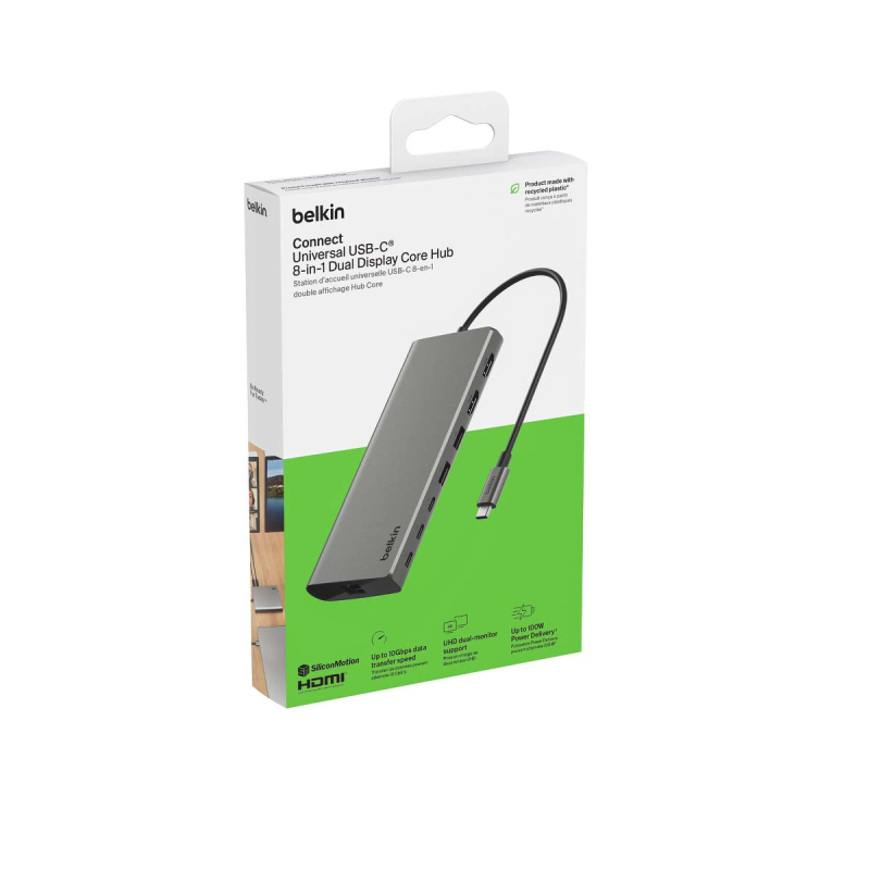 Belkin Hub USB-C 8w1, 10 Gbps, 2 x HDMI 4K szary