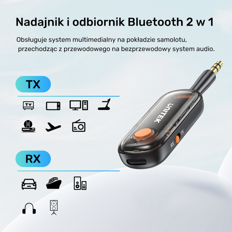 UNITEK 2w1 Adapter Bluetooth 5.3 nadajnik/odbiornik audio zasięg 10m czarny