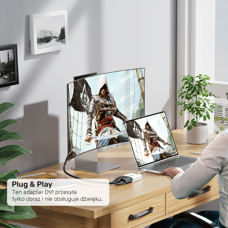 Unitek Adapter USB-C na DVI 1080P@60Hz, biały, 15cm