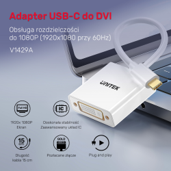 Unitek Adapter USB-C na DVI 1080P@60Hz, biały, 15cm