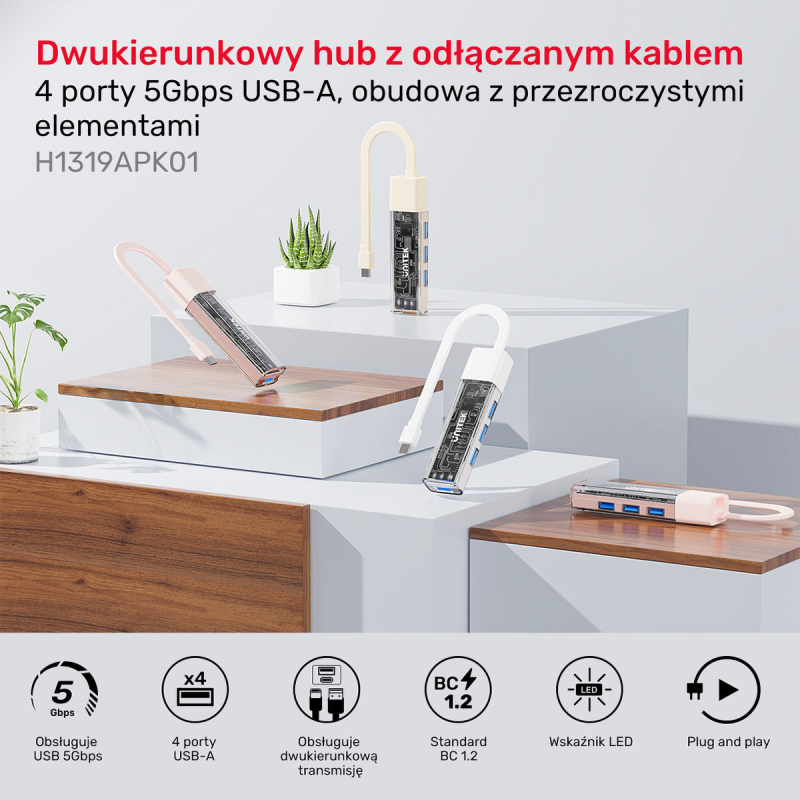 Unitek hub dwukierunkowy USB C/USB A 5Gbps, 4x USB A różowy