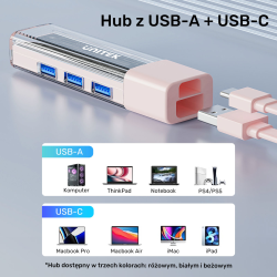 Unitek hub dwukierunkowy USB C/USB A 5Gbps, 4x USB A różowy