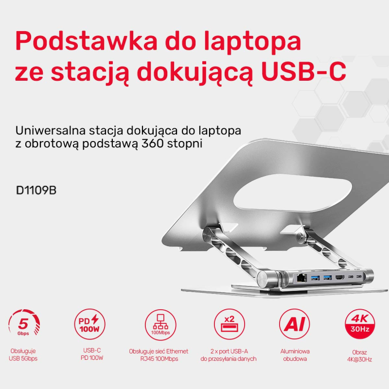 Unitek Podstawka pod laptop z odłączanym hubem USB-C HDMI 1,4, 4K PD 100W