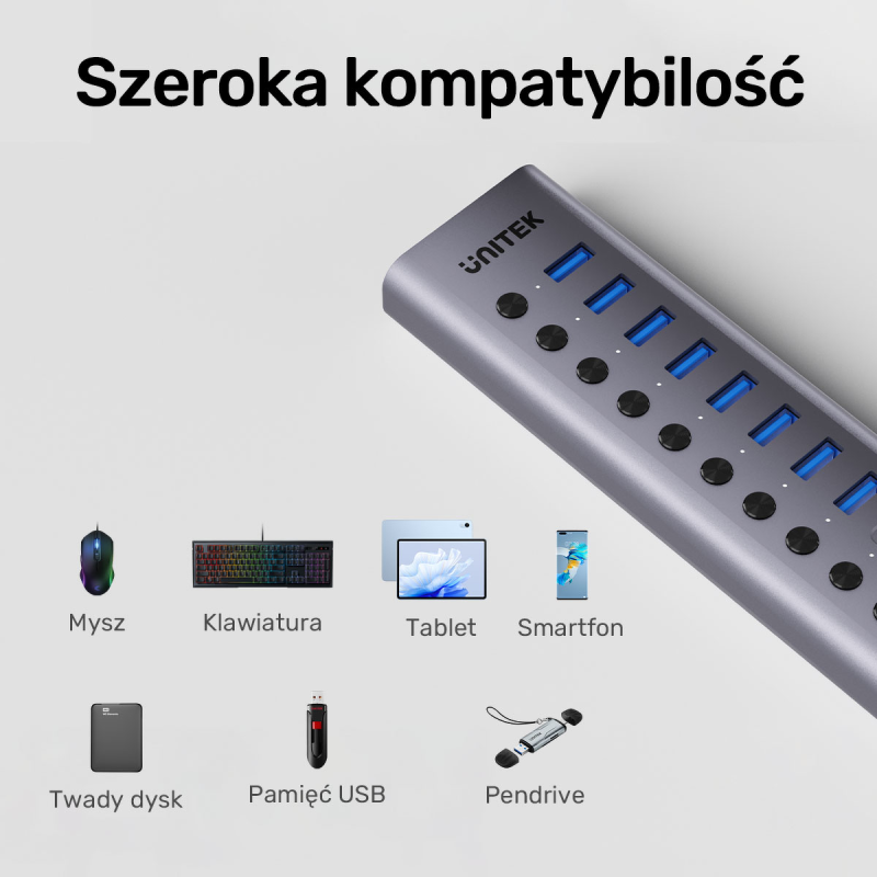 Unitek Hub USB C/USB A 10w1 5Gbps, 8x USB A, 2x USB C z włącznikami portów