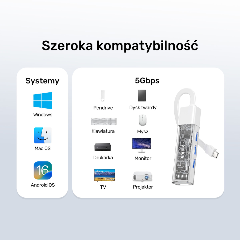 Unitek hub dwukierunkowy USB C/USB A 5Gbps, 4x USB A kremowy