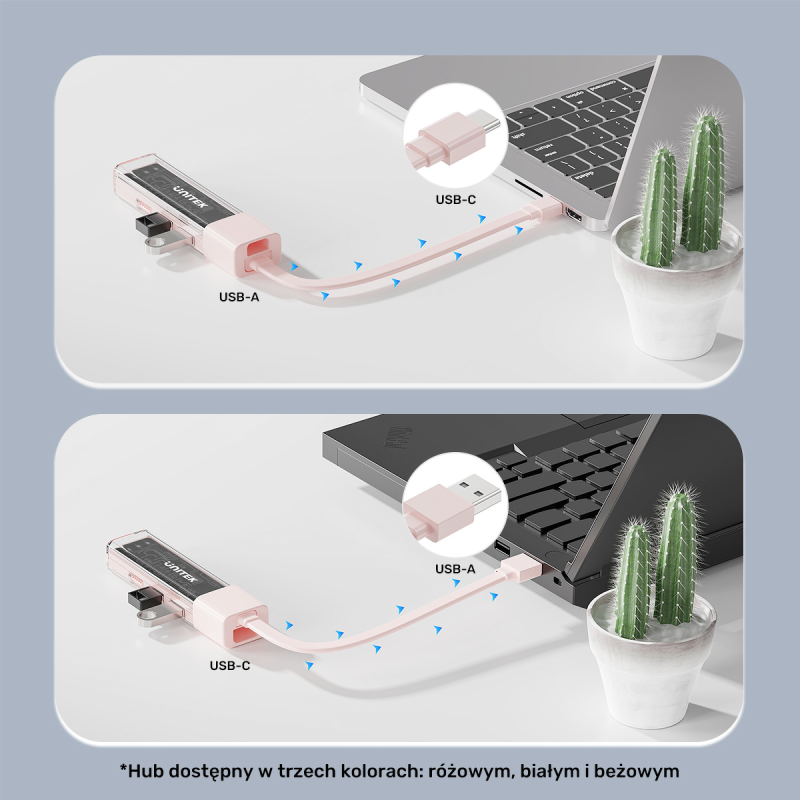 Unitek hub dwukierunkowy USB C/USB A 5Gbps, 4x USB A kremowy