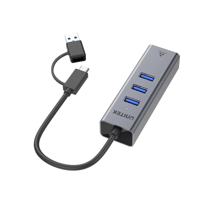 Unitek Hub USB C 4w1 Ethernet 3 x USB A 5 Gbps z adapterem USB A