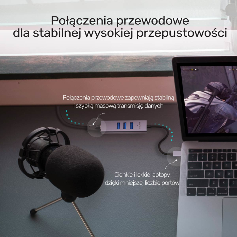 Unitek Hub USB C 4w1 Ethernet 3 x USB A 5 Gbps z adapterem USB A