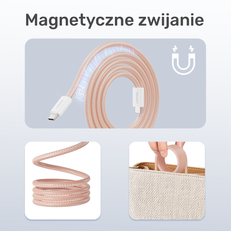 Unitek Kabel w oplocie zwijany magnetycznie USB C PD 100W beżowy 1m
