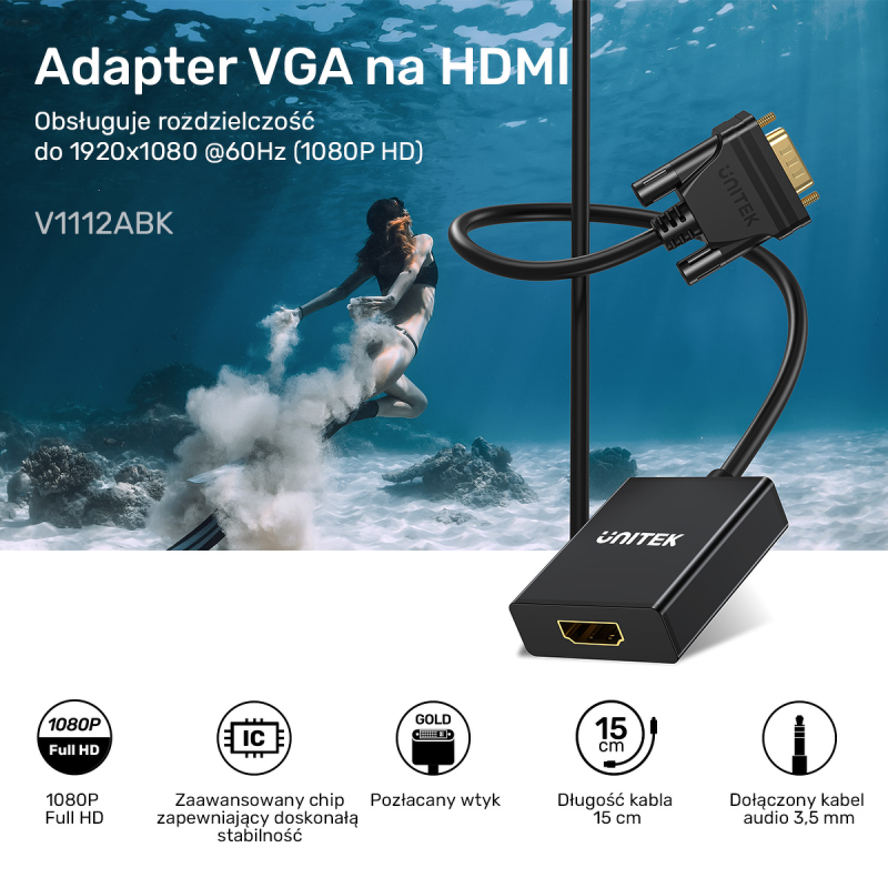 Unitek Adapter VGA na HDMI FullHD czarny 15cm