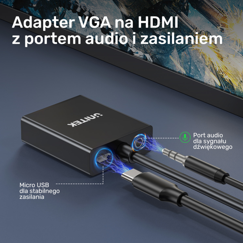 Unitek Adapter VGA na HDMI FullHD czarny 15cm