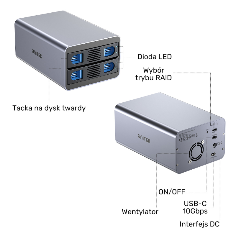 Unitek Obudowa RAID do dysku SATA 2.5''/3.5'' 4 tryby 40TB USB C 10Gb/s