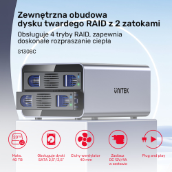 Unitek Obudowa RAID do dysku SATA 2.5''/3.5'' 4 tryby 40TB USB C 10Gb/s