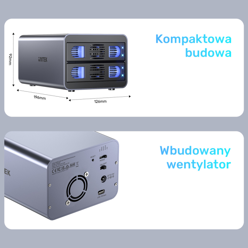 Unitek Obudowa RAID do dysku SATA 2.5''/3.5'' 4 tryby 40TB USB C 10Gb/s