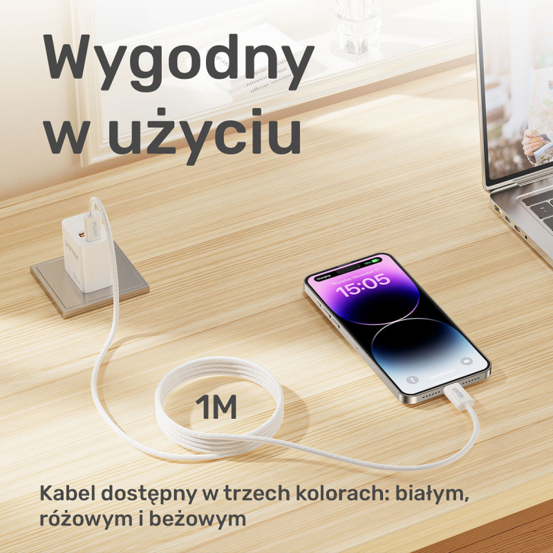 Unitek Kabel w oplocie zwijany magnetycznie USB C PD 100W różowy 1m